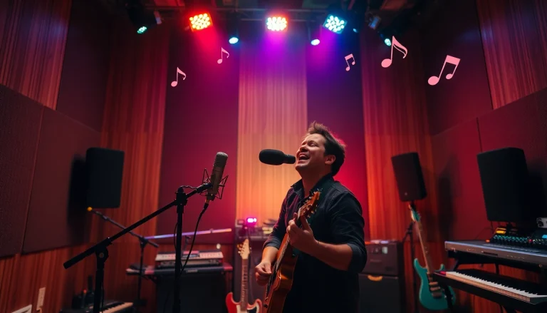 Captivating scene of music pitching with a professional musician performing in a vibrant studio