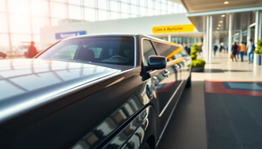Experience luxury Limo Vancouver airport service with a sleek black limousine at the terminal.