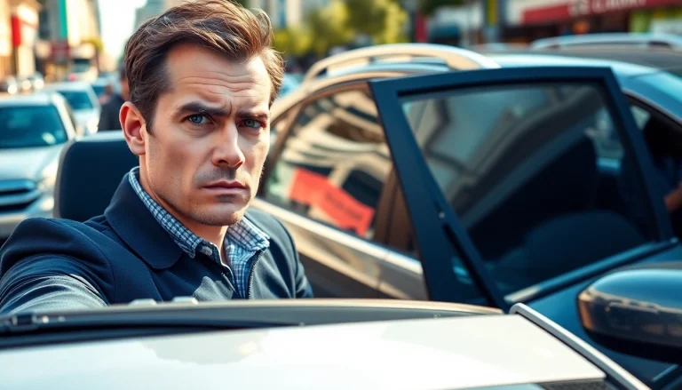 Driver stressed over keys locked in car, seeking solutions in busy city setting.