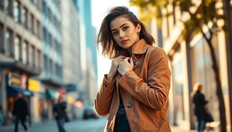 Fashionable woman showcasing her stylish jacket womens against an urban backdrop.