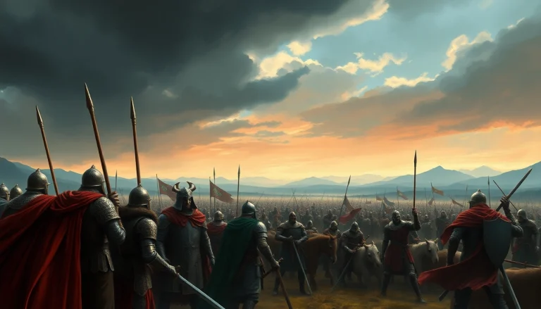 Warlords in battle armor strategize in a medieval fantasy setting, showcasing their tactical might.