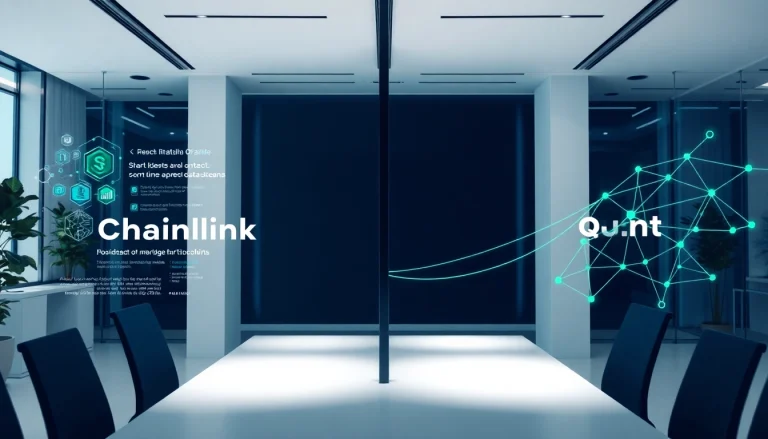 Compare chainlink vs quant with blockchain technology visuals in a modern office setting.