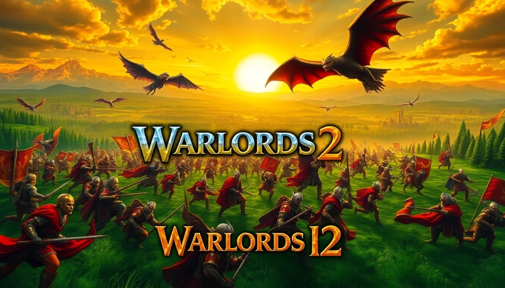 Engaging scene of Warlords 2 featuring warriors battling on a vibrant medieval battlefield.