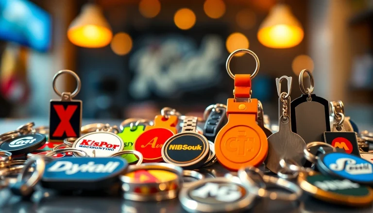 Showcase custom key chains with unique designs and logos in a vibrant display.