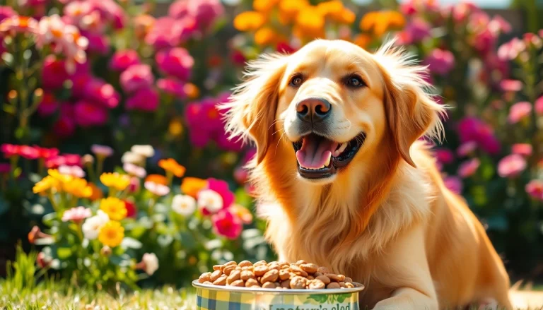 Dog enjoying nature's blend dog food Canada in a sunny garden with vibrant flowers.