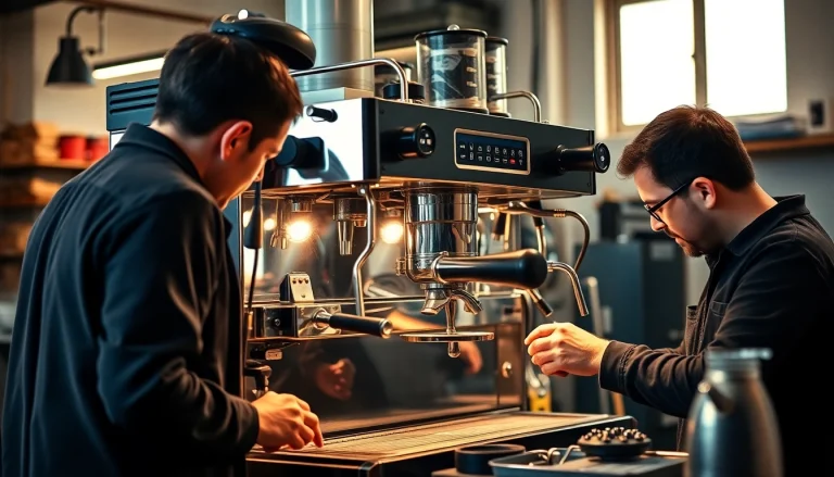 Cimbali service technique in action as technicians repair an espresso machine meticulously.