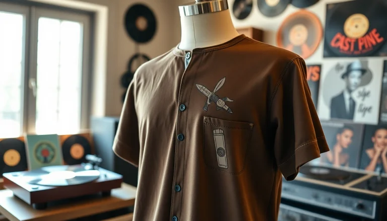 Stylish turntable shirt showcased in a cozy music-themed setting, highlighting its unique design.