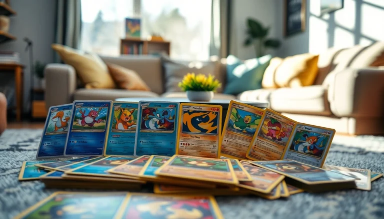 Shop for real Pokemon cards in India displayed beautifully in a cozy setting, showcasing various collectible types.