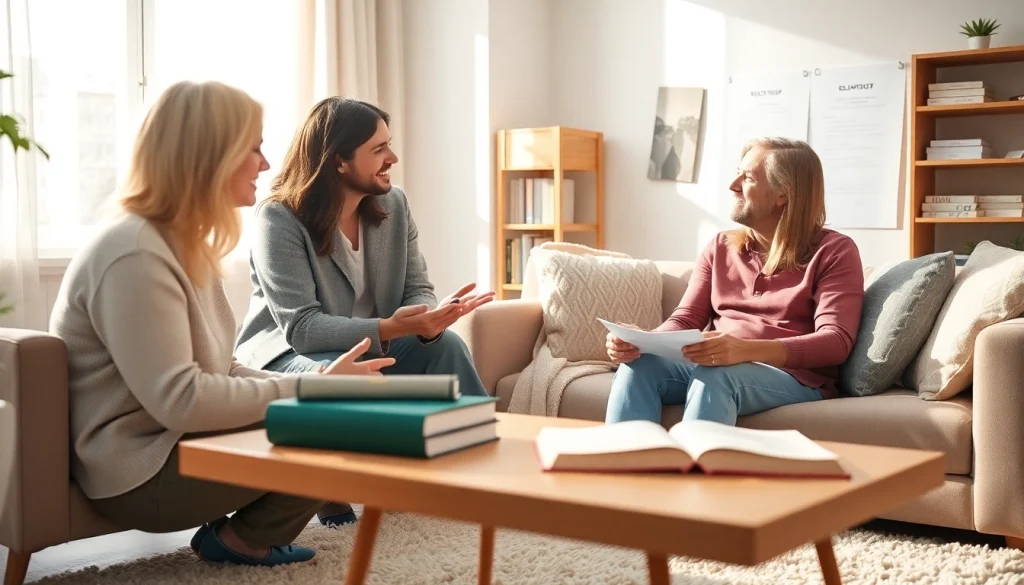 Empathetic relationship coach assisting clients with communication strategies in a warm office.