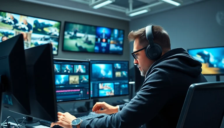 Focusing on Editing & Post-Production in a modern video editing studio environment.