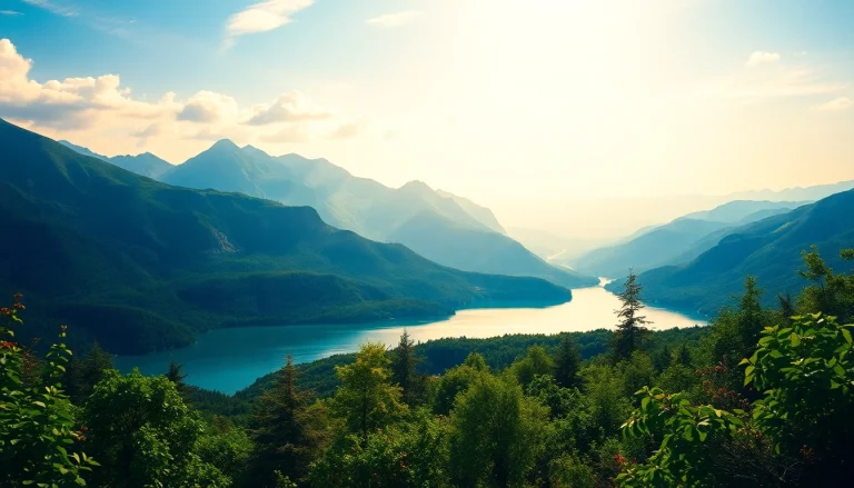 Showcasing stunning landscape paintings that depict serene mountains, lakes, and lush greenery in vibrant colors.