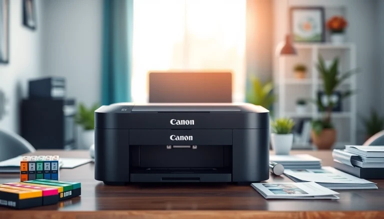 Showcasing the Canon Printer in a modern home office setting with vibrant materials around it.