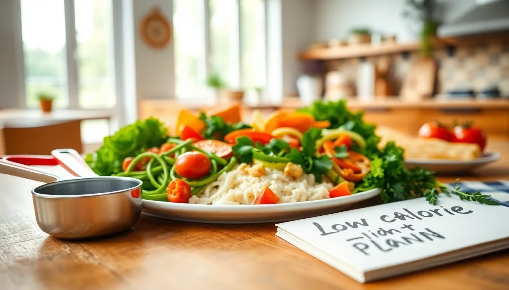Delicious low calorie plan dishes beautifully plated with fresh herbs, showcasing vibrant colors.