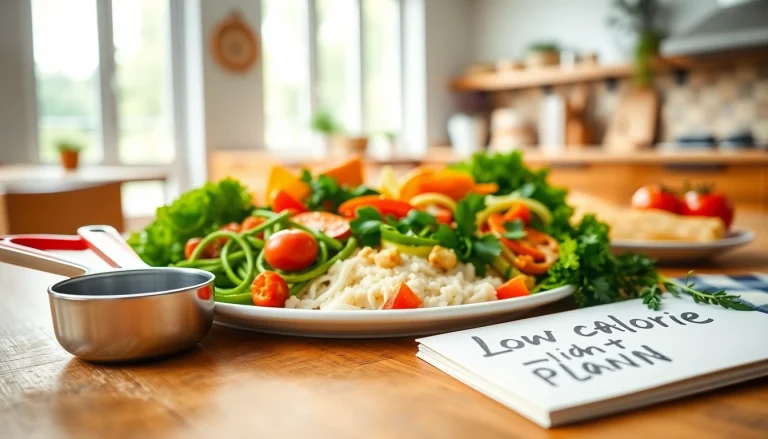 Delicious low calorie plan dishes beautifully plated with fresh herbs, showcasing vibrant colors.