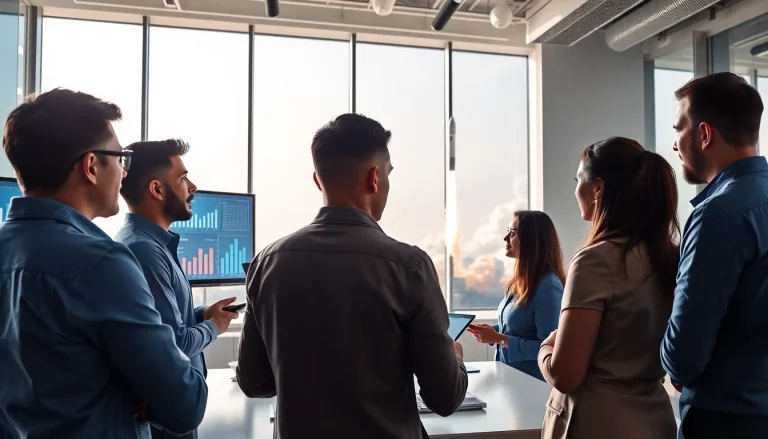 Analyze the latest trends and growth forecasts at Revenue Rocket Lab with a team collaboration scene.