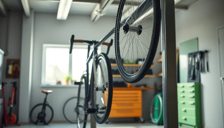 Organized space-saving bike rack holding multiple bikes in a modern garage setting.