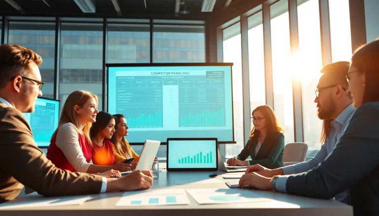 Analyze competitor pricing data effectively with a team in a modern business environment.