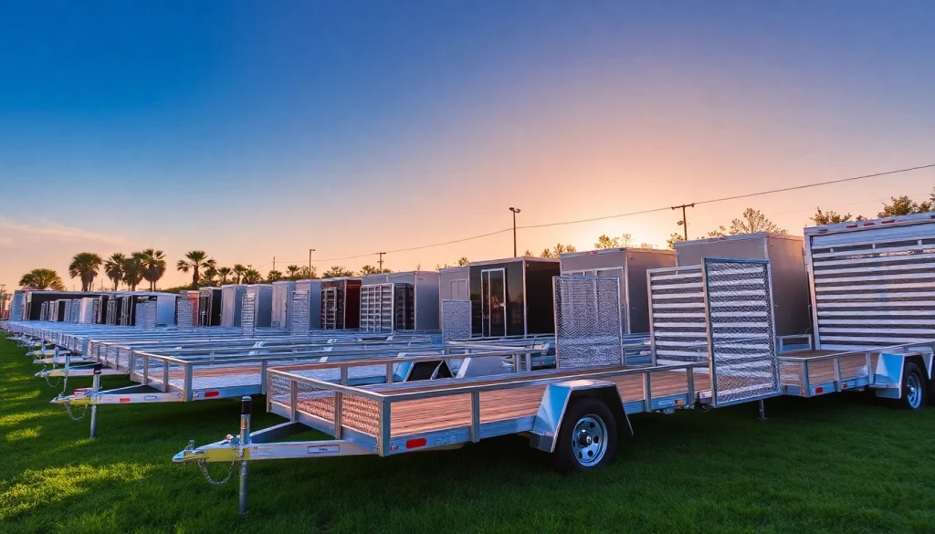 Find diverse utility trailers near me displayed in a vibrant outdoor setting for sale.