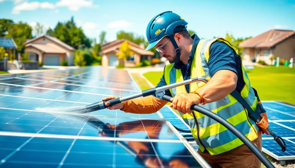 Solar panel cleaning services Phoenix provided by a technician in vibrant outdoor setting.