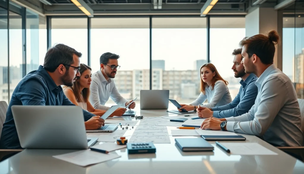 Engaged professionals collaborating on Product Development in a bright modern office.