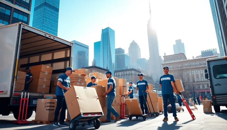 Movers nyc team efficiently packing items in New York City environment with skyline in background.