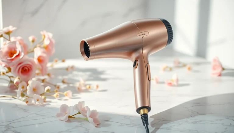 Elegant luxury hair dryer displayed on a marble countertop, showcasing its sleek design and premium quality.