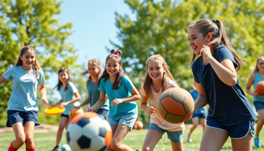 Capture the excitement of Multi Sports Camps for Girls, showcasing teamwork and energy in a vibrant outdoor setting.