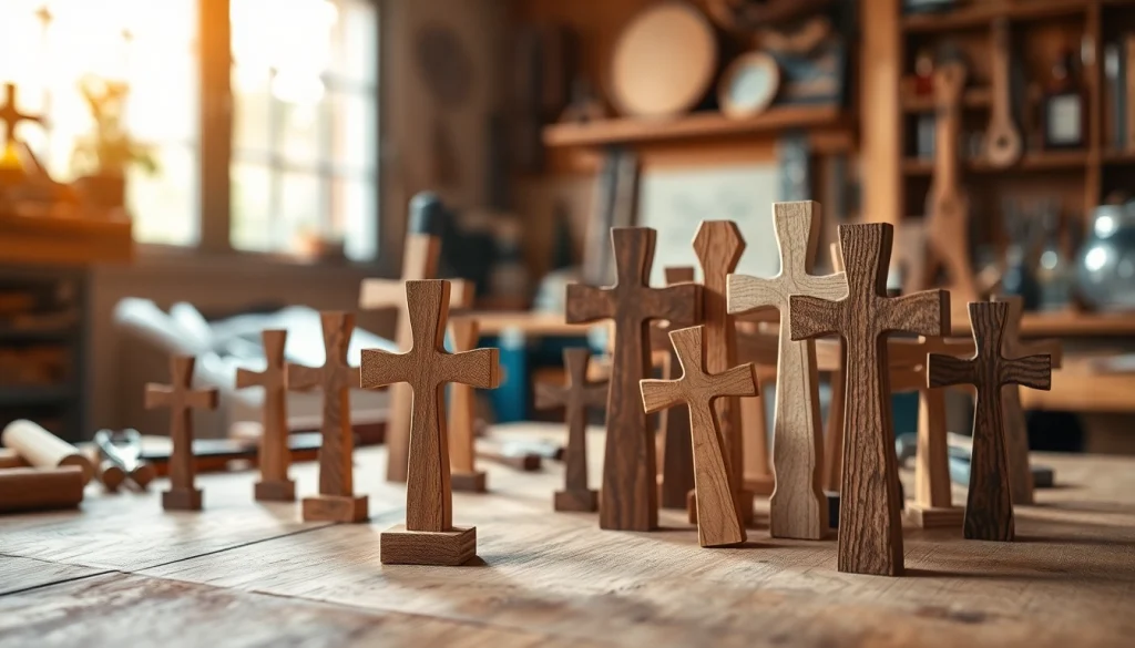 Handmade crosses beautifully crafted from diverse woods, showcasing intricate designs and textures.