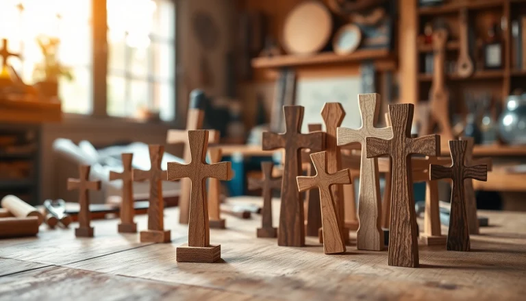 Handmade crosses beautifully crafted from diverse woods, showcasing intricate designs and textures.
