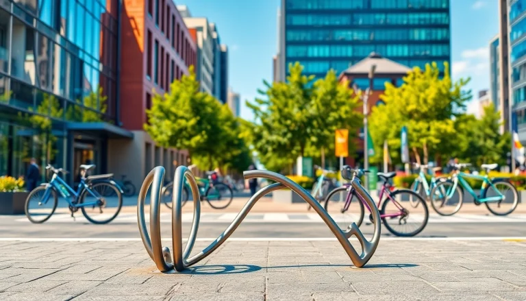 Stylish designer bike rack highlighted in an urban setting with vibrant surroundings.