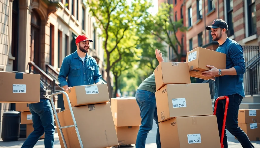 Brooklyn movers efficiently handling relocation boxes in a sunlit urban environment.