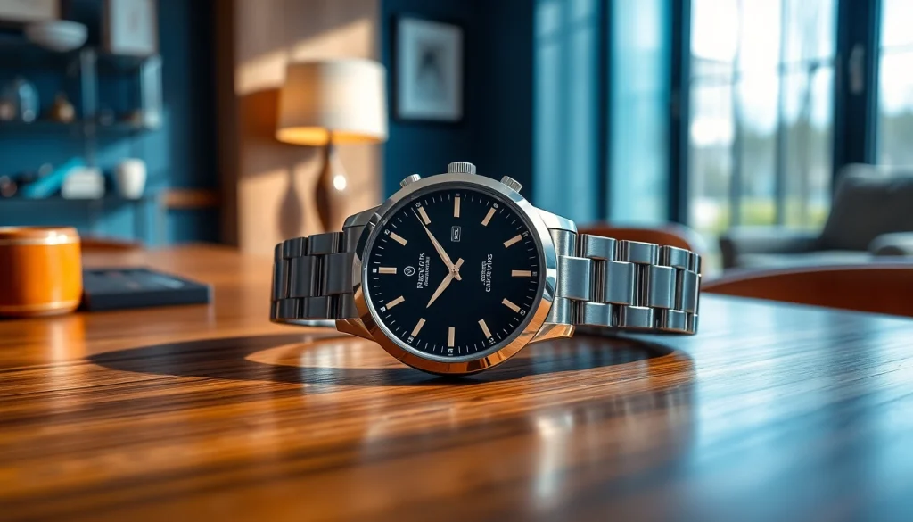 Herren Armbanduhr auf einem stilvollen Tisch in elegantem Licht präsentiert