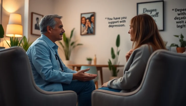 Engaging scene of a counselor helping someone dealing with depression in a cozy office setting.