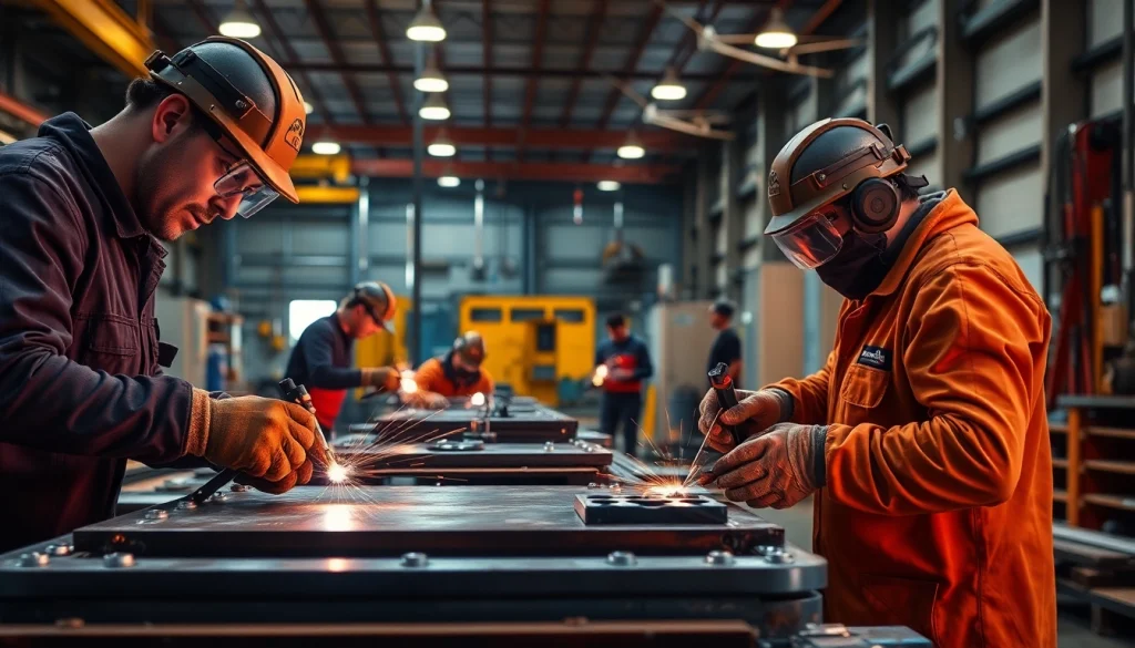 Steel fabrication shop with technicians expertly crafting metal components in a busy workspace.