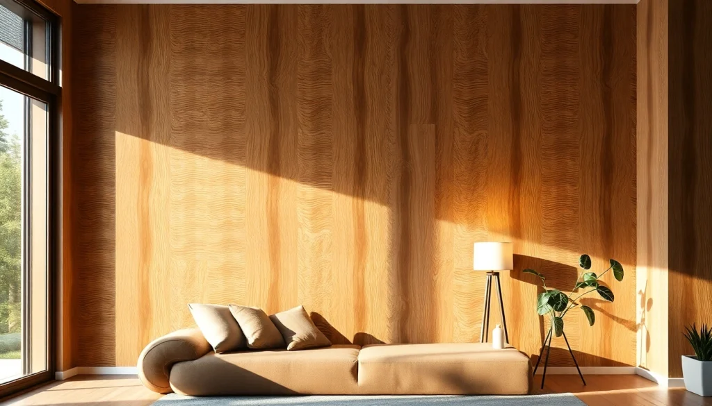 Enhance your space with a textured wood wall paneling creating a cozy and inviting atmosphere.