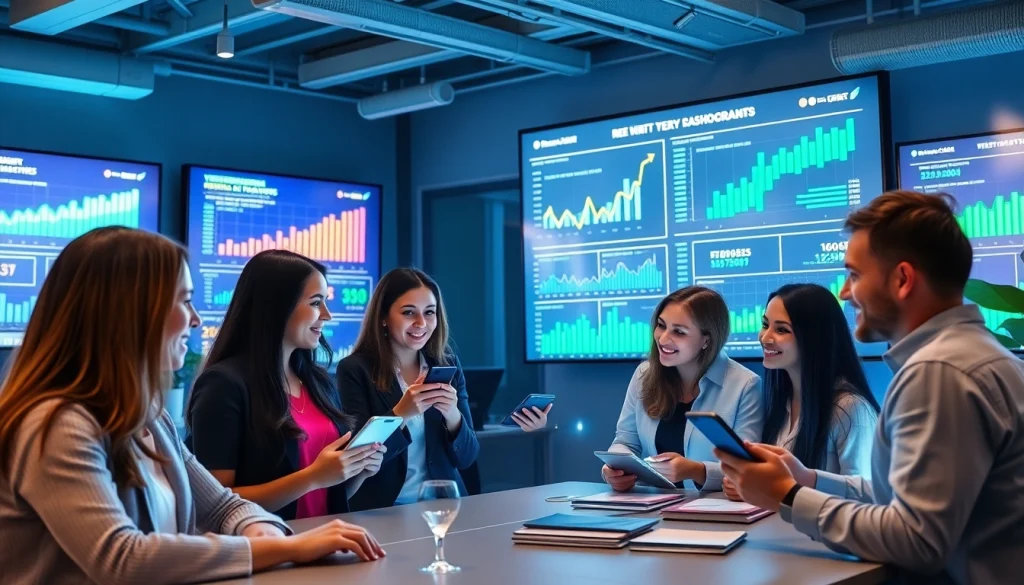 Engage with the dynamic crypto referral program in a modern workspace filled with digital metrics and collaboration.