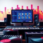 Crafting a Free Drum and Bass Sample in a vibrant music studio workspace.