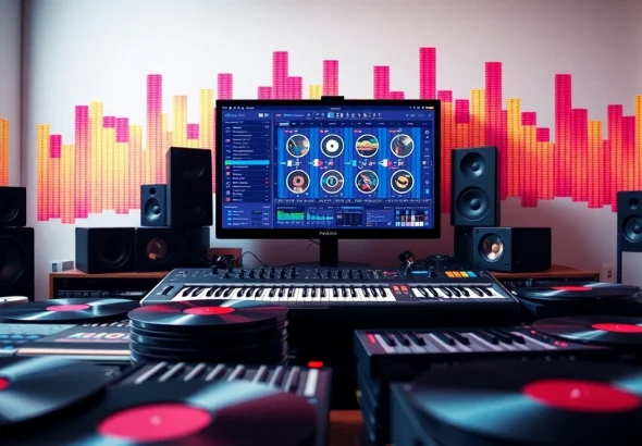 Crafting a Free Drum and Bass Sample in a vibrant music studio workspace.