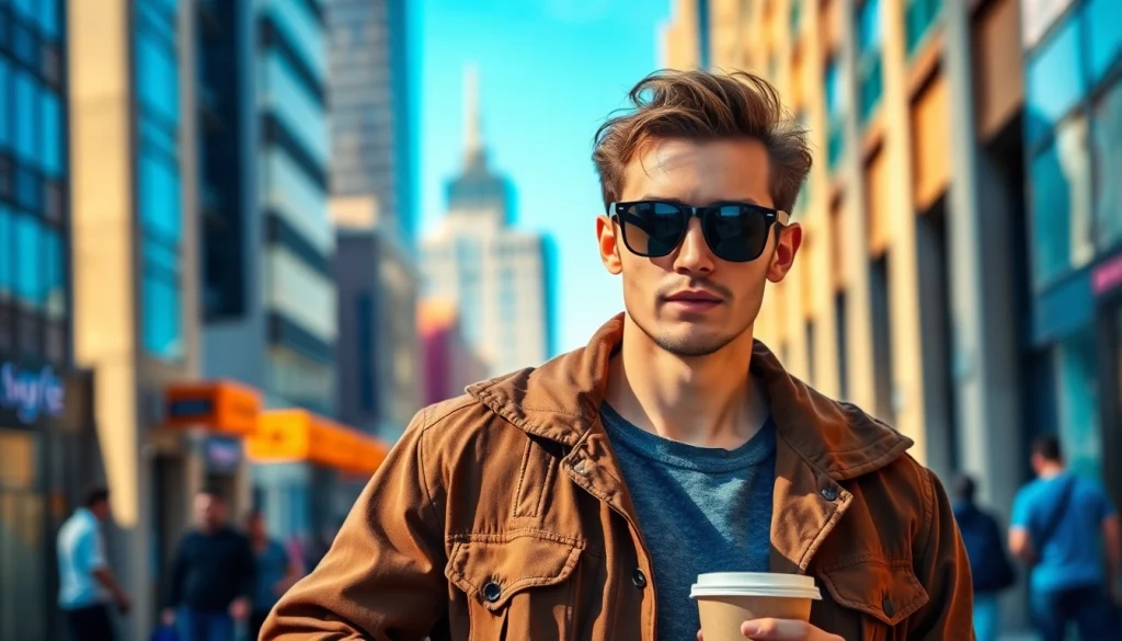 Discover high-quality men’s clothing near me displayed by a stylish male model in an urban environment.
