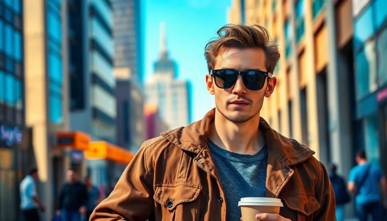 Discover high-quality men’s clothing near me displayed by a stylish male model in an urban environment.