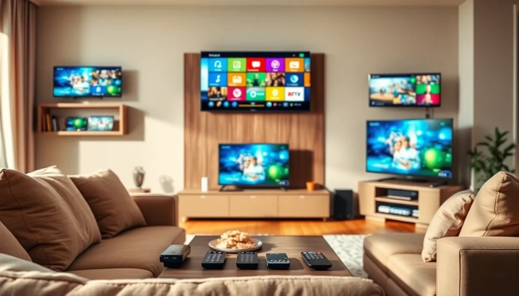 Comprar Listas IPTV en un entorno de entretenimiento moderno con múltiples pantallas y contenido vibrante.