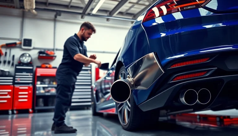 Inspecting performance downpipe n55 in a bright garage setting with automotive tools and a sports car.
