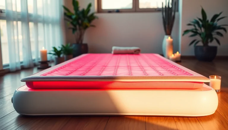 Experience relaxation with a red light therapy mat glowing in a serene spa setting.
