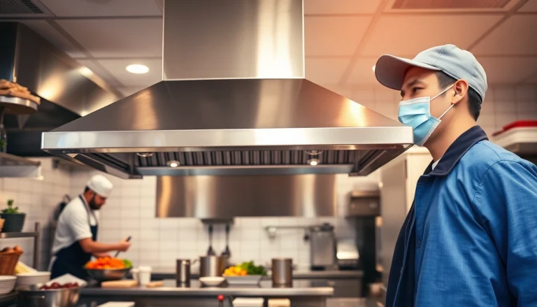 Restaurant Exhaust Hood Cleaning service by a professional technician in a bustling kitchen, ensuring optimal hygiene.