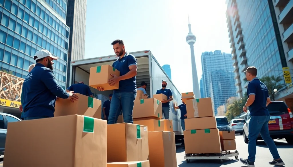 Two movers efficiently handling boxes while moving Toronto city setting showcases professionalism.