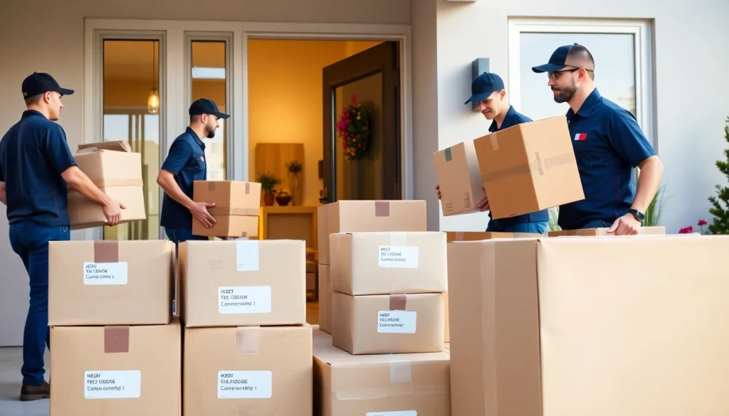 Movers calgary efficiently handling packed boxes at a modern home entrance.