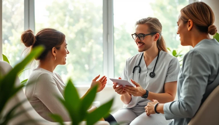 Schönheitschirurgie Braunschweig: Engaged consultation between patient and surgeon in a modern clinic.