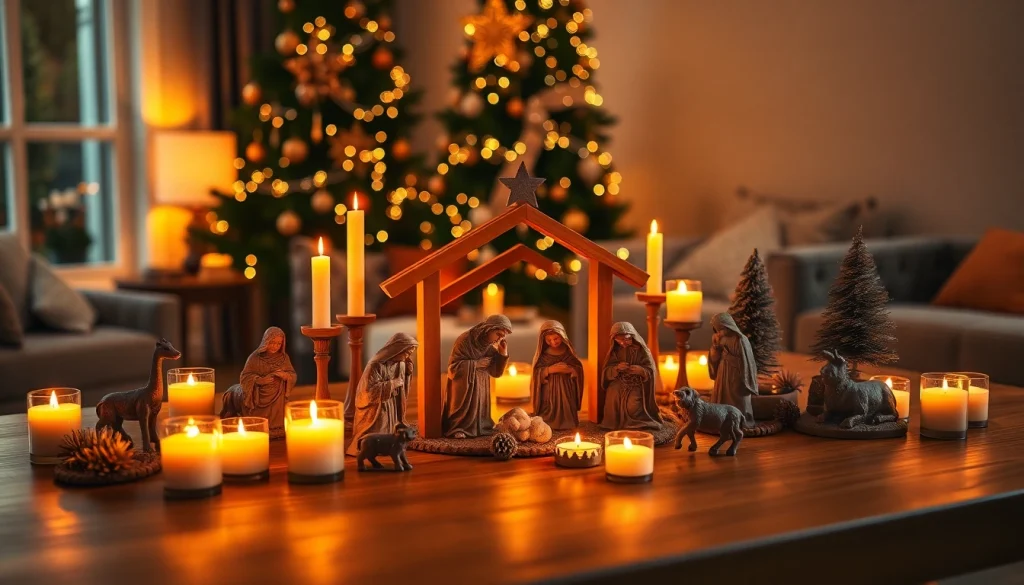 Admire beautifully crafted Nativity sets displayed in a cozy holiday setting.