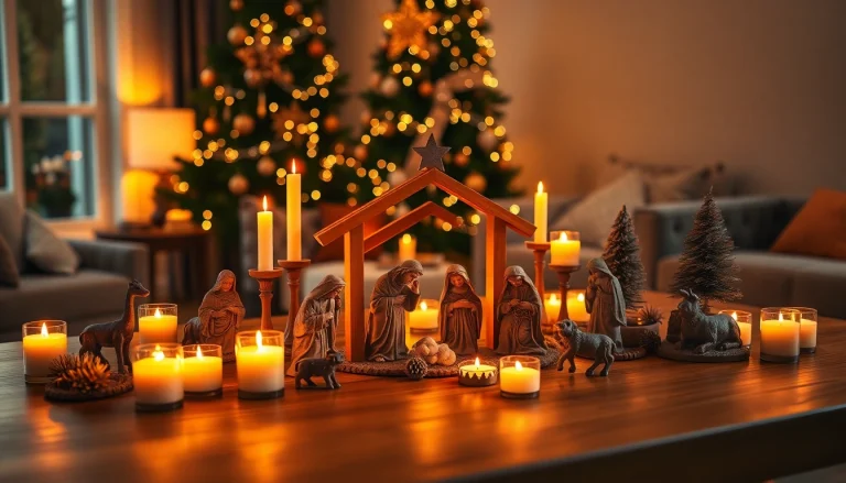 Admire beautifully crafted Nativity sets displayed in a cozy holiday setting.