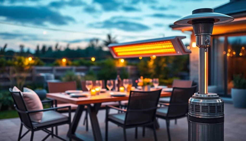 Outdoor heizstrahler sorgt für wohlige Wärme auf der Terrasse während der Abenddämmerung.